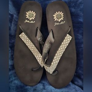 Yellow Box Black Flip Flops with Rhinestone Straps